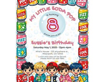 Invitación de cumpleaños de My Little Soda Pop / Invitación para fiesta de cumpleaños infantil / Tema de refrescos / Chicos K-Pop / Plantilla editable de Canva