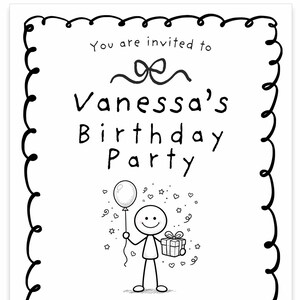 Minimialist Birthday Invitation, Doodle Stick Figure Bday Invite Canva Template (Digital Download, Printable 5x7" )
