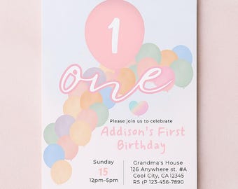 Rainbow Balloon Arch First Birthday Invitation (Digital Download, Canva Template)