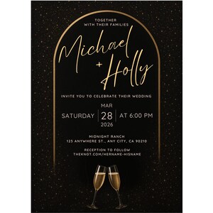 Black & Gold Champagne Wedding Invitation, Elegant Birthday Invite, Canva Template (Digital Download)