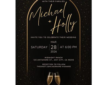 Black & Gold Champagne Wedding Invitation, Elegant Birthday Invite, Canva Template (Digital Download)