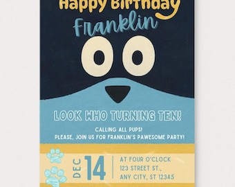 Blue Dog Birthday Invitation, Kid's Dog Party Invite (Digital Download Template - Edit on Canva)