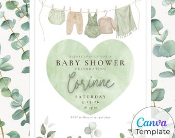 Invitación para baby shower con eucalipto verde salvia, acuarela con tendedero, plantilla editable de Canva, descarga digital/invitación imprimible.