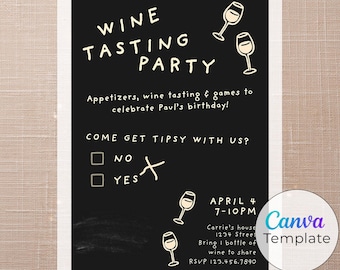 Funny Wine Tasting Birthday Invitation - Tipsy Party Invite, Adult BDay Party, BYOB Wine, Editable Canva Template 5x7
