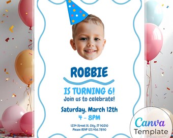 Invitación de cumpleaños con foto personalizada, invitación infantil personalizada, descarga digital (plantilla de Canva)