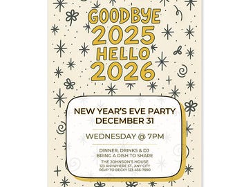 Invitación para Nochevieja: Adiós 2025, Hola 2026, plantilla de Canva (descarga digital)