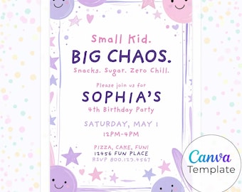 Plantilla de invitación de cumpleaños para niña en rosa y morado - Invitación divertida para fiesta infantil "Small Kid Big Chaos", 5x7 y para móvil, invitación editable en Canva