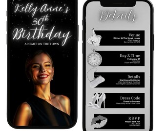 Fiesta de cumpleaños animada de Evite: Invitación digital elegante para mujer (plantilla de Canva), invitación para una salida nocturna
