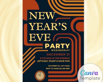Invitación retro para Nochevieja, elegante invitación moderna para Nochevieja, plantilla editable de Canva, descarga digital/impresión.