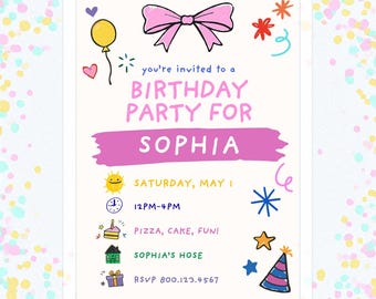 Invitación de cumpleaños con crayones / Invitación infantil dibujada a mano, plantilla de Canva (descarga digital)