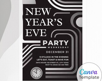 Invitación retro en blanco y negro para Nochevieja, elegante invitación moderna para Nochevieja, plantilla editable de Canva, descarga digital/impresión.