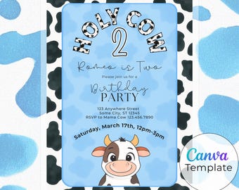 Invitación de cumpleaños personalizada "Holy Cow Blue", plantilla de Canva para descargar digitalmente, invitación para fiesta infantil, tarjeta de cumpleaños editable de 5×7, imprimible