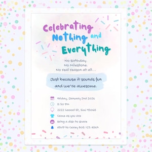 Invitación para fiesta "Just Because", confeti de Celebrate, pastel, plantilla de Canva (descarga digital, 5 x 7 pulgadas)