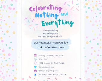 Invitación para fiesta "Just Because", confeti de Celebrate, pastel, plantilla de Canva (descarga digital, 5 x 7 pulgadas)