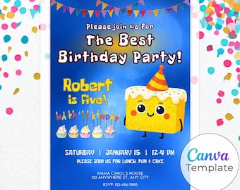 The Best Birthday Party Invitation, Custom Cute Cake Bday Invite | Kids Birthday Party (Digital Download, Canva Template)