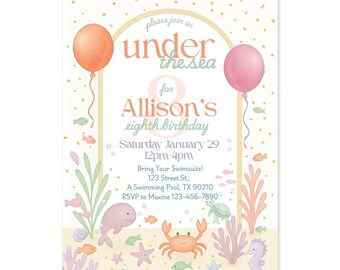 Under the Sea Birthday Invitation, Ocean Animals Girls Invite (Digital Download Template - Edit on Canva)