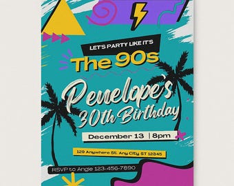 90s Birthday Invitation Template, Retro Party Bday Invite, Customizable 90s Theme, Printable, Editable Canva Template