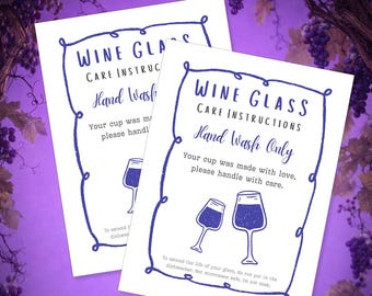 Wine Glass Washing Instructions, Hand Wash Only Care Card Instant Download - 4-up PDF | PNG