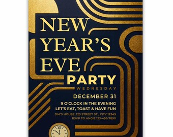 Invitación de Nochevieja retro dorada, elegante y moderna, plantilla de Canva (descarga digital)