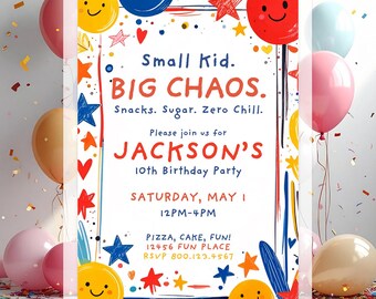 Invitación de cumpleaños para imprimir/móvil "Pequeño niño, gran caos", invitación divertida para niños, plantilla editable de Canva, para cualquier edad (niño o niña), descarga instantánea.