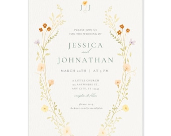 Wedding Invitation, Elegant Flower Save the Date Invite, Canva Template (Digital Download)