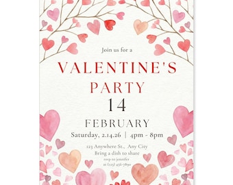 Valentine's Day Digital Invitation Template, Hearts Dinner Party Invite (Canva Template)