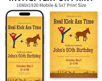 Kick Ass Birthday Invitation | Sarcastic Adult Bday Party Invite, Canva Template Mobile & Print (Digital Download) 30s 40s 50s 60s