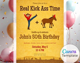 Kick Ass Birthday Invitation | Sarcastic Adult Bday Party Invite, Canva Template Mobile & Print (Digital Download) 30s 40s 50s 60s