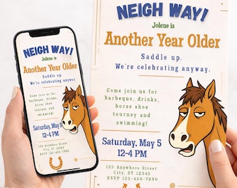 Neigh Way! Funny Horse Birthday Invitation | Sarcastic Adult Bday Party, Canva Template Mobile & Print (Digital Download) 30s 40s 50s 60s