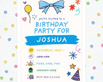 Hand Drawn Birthday Party Invitation | Crayon Kids Bday Invite, Canva Template (Digital Download)
