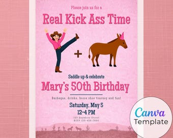 Pink Kick Ass Cowgirl Birthday Invitation | Sarcastic Adult Bday Party Invite, Canva Template Mobile & Print (Digital Download)