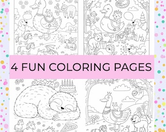 Silly Animals Coloring Pages Printable, 4 Different Coloring Activity Sheets for Kids Birthday Party Game - Sloth Dragon Duck Cat Dog