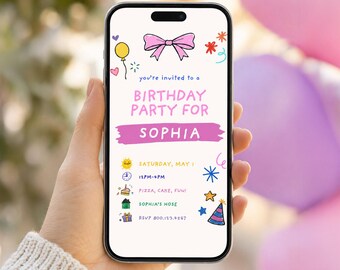 Hand Drawn Kids Birthday Invitation Template, Crayon Editable Canva Bday Invite, 5x7 + Mobile Invitation