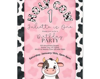 Invitación de cumpleaños para niña con estampado de vaca rosa, plantilla de Canva (descarga digital)