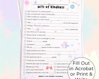 Lista de verificación de actos de bondad: formulario PDF rellenable, editable y personalizable para profesores, estudiantes, consejeros escolares y aulas.