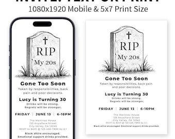 RIP My 20s (30s, 40s, 50s) - Funny Adult Birthday Invitation, Sarcastic Bday Party Invite, Canva Template- Mobile & Print (Digital Download)