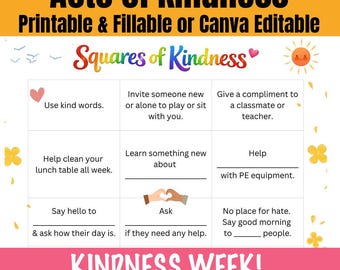 Acts of Kindness Squares - Printable & Fillable or Canva Editable, Kindness Week, Personalized for Teachers, Students, School Counselors