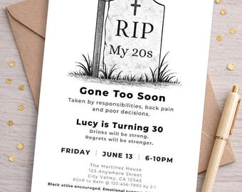 RIP My 20s (30s, 40s, 50s) - Funny Adult Birthday Invitation, Sarcastic Bday Party Invite, Canva Template- Mobile & Print (Digital Download)