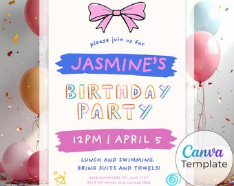 Crayon Birthday Party Invitation | Hand Drawn Bow Kids Bday Invite, Instant Download - Canva Template (Digital Download)