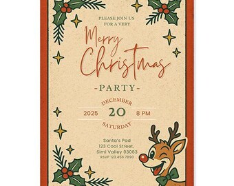 Reindeer Christmas Party Invitation, Rudolph Holiday Invite, Canva Template (Digital Download)