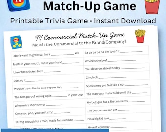 TV Commercial Match-Up Game - Fun Printable Trivia Game • Family Friendly • Instant Download