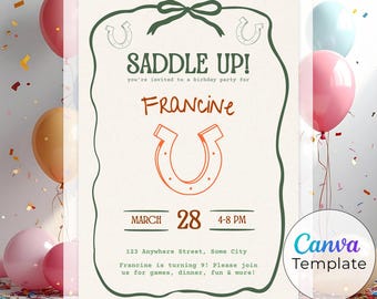 Saddle Up Birthday Invitation - Cowgirl Kids Bday Invite, Instant Download - Horse Shoe Canva Template (Digital Download)