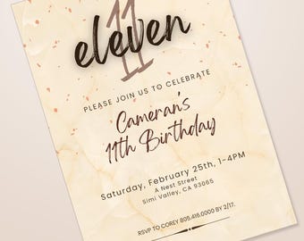 Invitación de cumpleaños con elegantes motas doradas sobre papel color melocotón, plantilla de Canva (descarga digital)