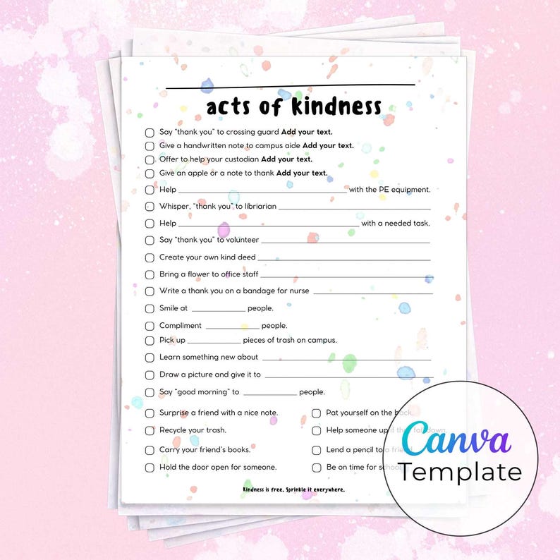 Acts of Kindness Checklist Canva Template - Printable and Personalized ...