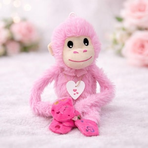 May include: A pink plush monkey with a white face, black eyes, and a smiling mouth. The monkey wears a heart-shaped pendant and has pink feet with heart designs. The background features soft pink roses.