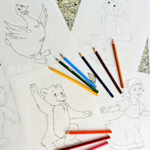 以下が含まれることがあります： 白紙に描かれたガチョウ、猿、クマ、女の子の線画。色を塗る準備ができています。青、緑、黄、オレンジ、赤など、さまざまな色の色鉛筆が絵の周りに散らばっています。