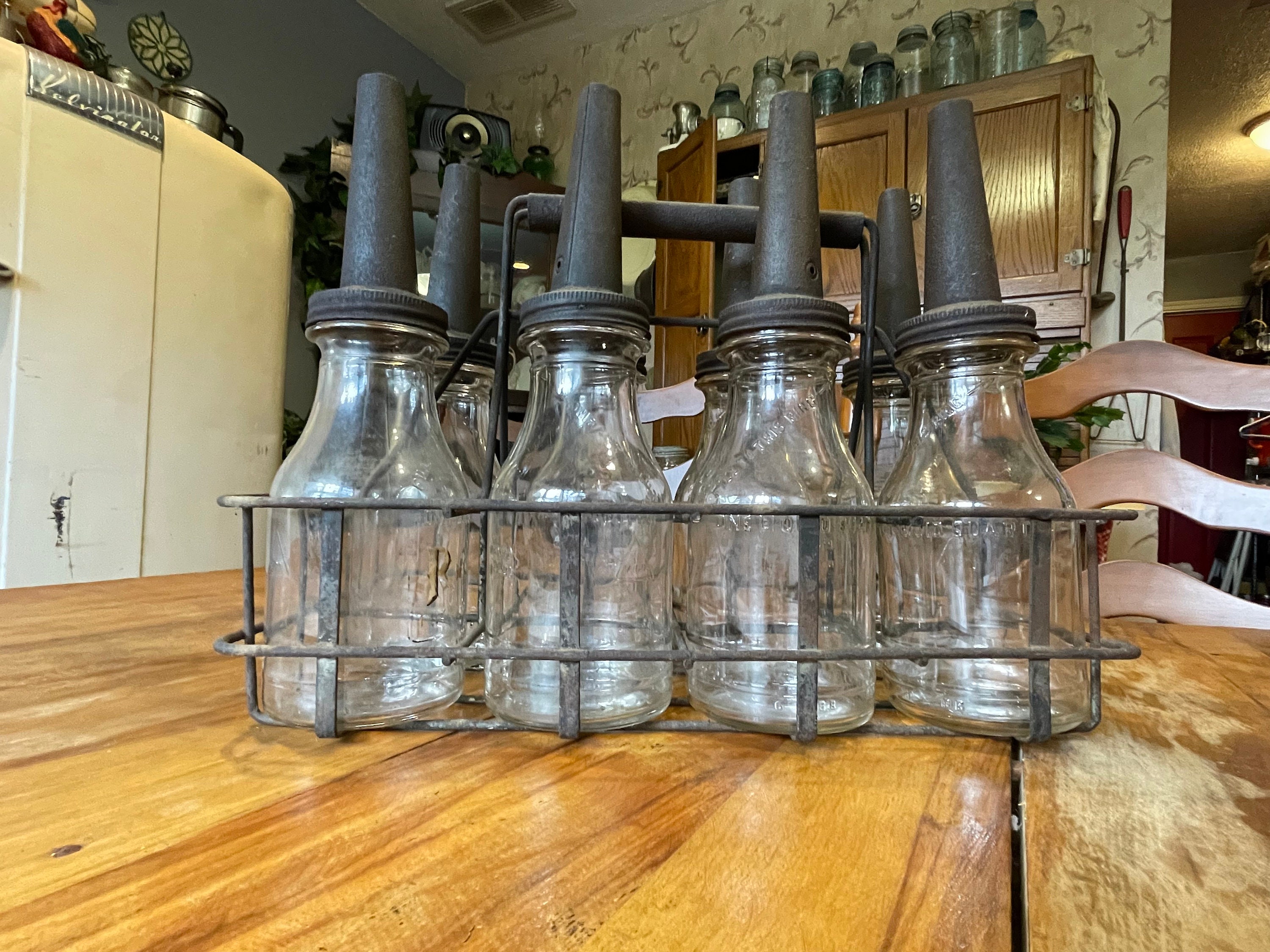 Vintage Glass Quart Oil Bottles With Rack Etsy