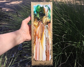 Alcohol ink painting, abstract ink art, gold leaf painting, 4” x 12”