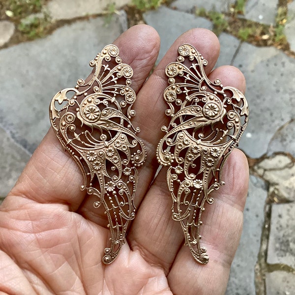 One set of Raw brass French filigree wings 70mmx28mm