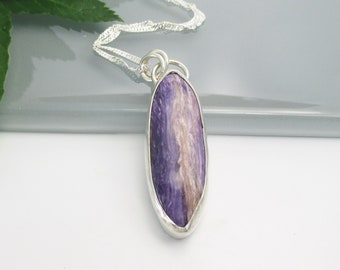 Charoite Gemstone Pendant Necklace with 18 inch Sterling Silver Chain